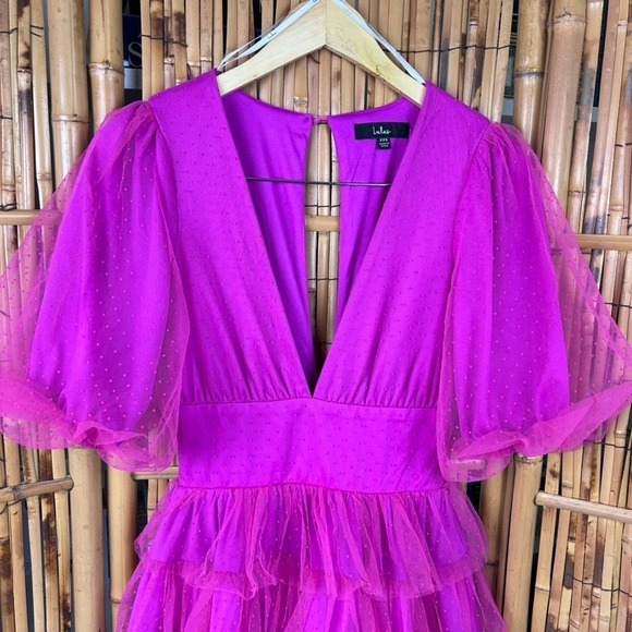 LULUS Dramatic Poise Hot Pink Dot Tulle Puff Sleeve Tiered Mini Dress XXS - Picture 2 of 16